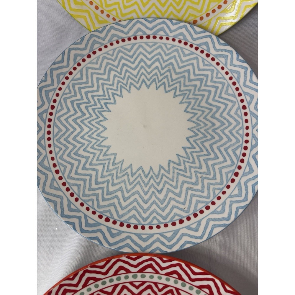 Set Of 6 Handmade Geometric Zig Zag Colorful Dinner Plates  10.25" - Picture 4 of 8